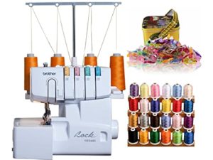 Brother 1034D Serger Heavy-Duty Overlock Machine with Sewing Clips, Tin Box and Assorted Color Polyester Embroidery Thread Bundle (3 Items)